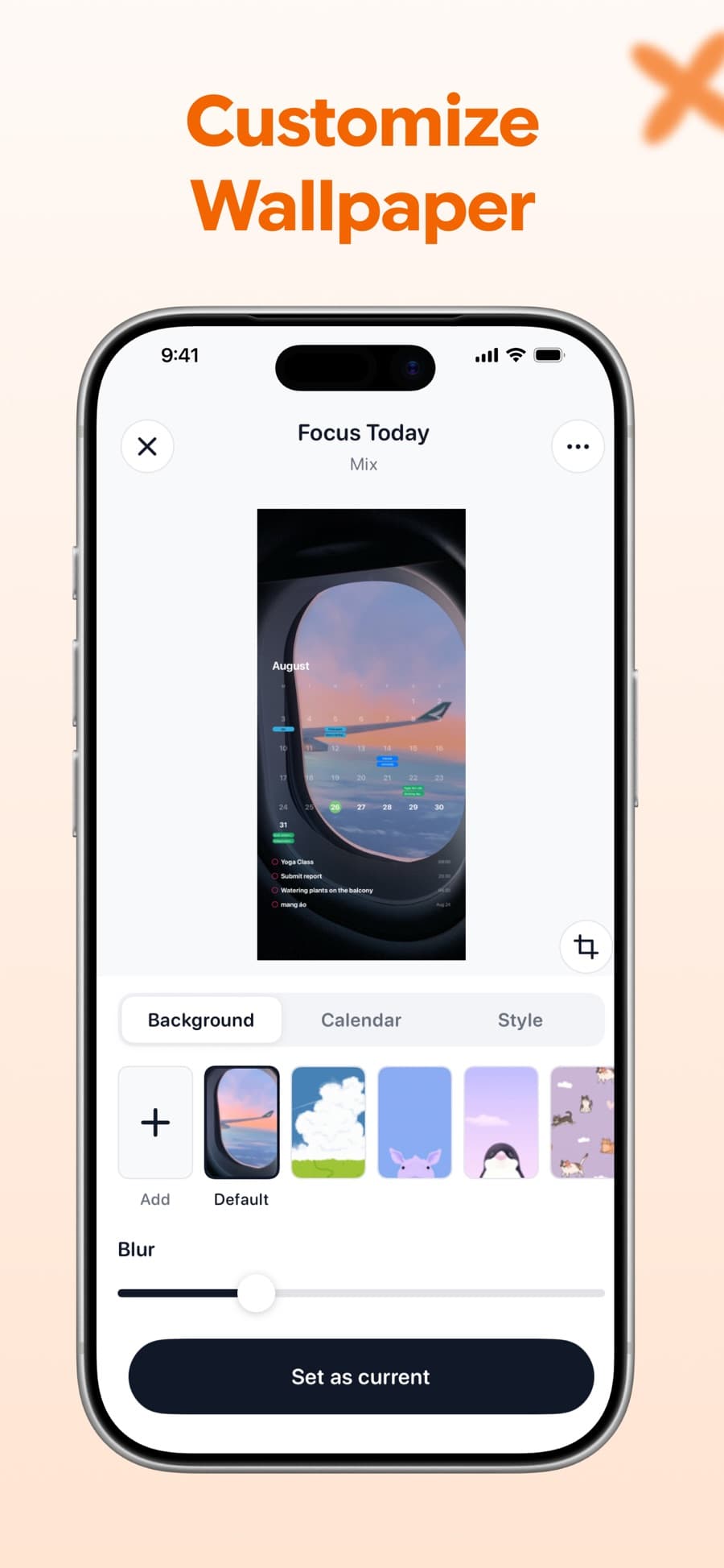 Personalizza sfondo, calendario e stile